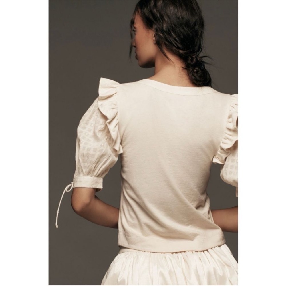 Anthropologie Cream Blouse with Embroidered Sleeves - Picture 4 of 11